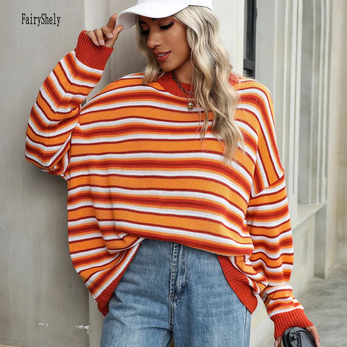 Fairyshely 2024 Winter Orange Striped Knitted Sweater Women Casual O-Neck Long Sleeve Pullover Ladies Autumn Trend Loose Jumpers