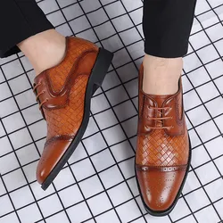 Man Stylish Derby Shoes Woven Leather Dress Mens Brogue Men Lace-Up Business Casual Office Party Wedding Shoe