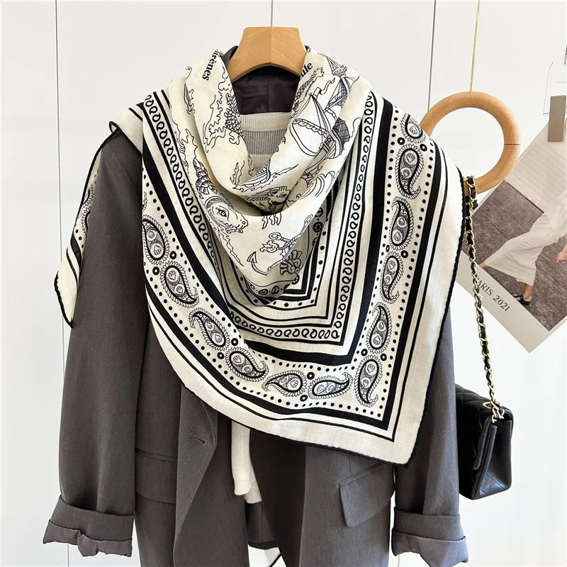 Luxury Wool Scarves Wraps Womens Large Square Wool Blanket Scarf Shawl Echarpe for Autumn Winter 132x132CM