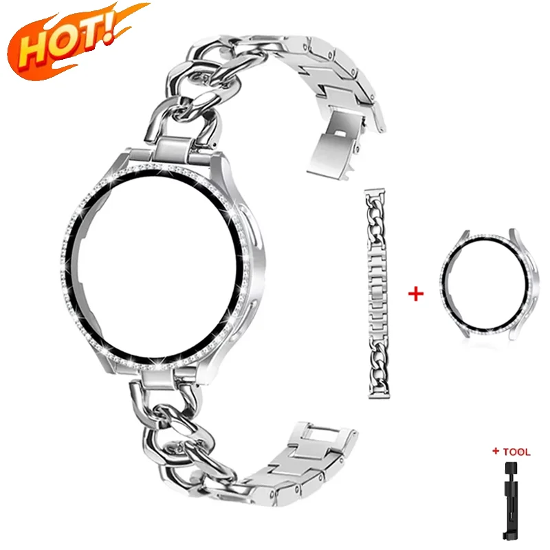 

Роскошный чехол + браслет для Samsung Galaxy Watch 6 5 4 40 мм 44 мм, металлический ковбойский ремешок-цепочка, защитная пленка для экрана Galaxy Watch 4 5 6 Band