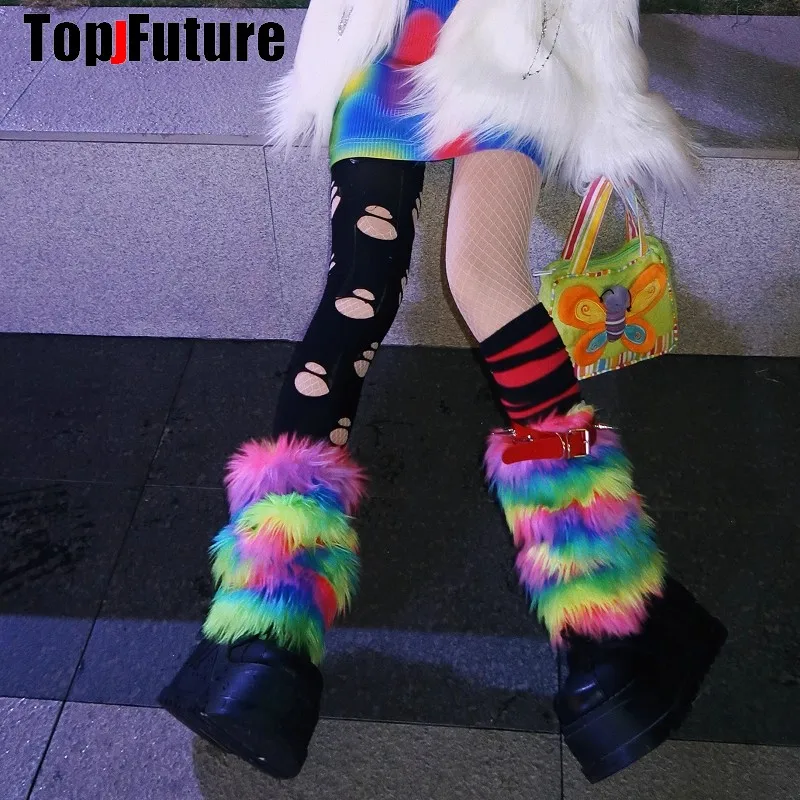 Women Girl Multicolour Harajuku Punk gothic Lolita Y2K Girl streetwear Leg Warmer Winter Warmer furry Stockings Leg warmers