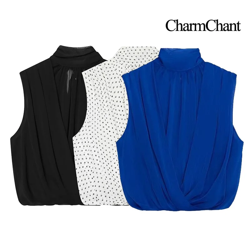 CHARMCHANT Women's High Neck Sleeveless Blouse Wrap Front Back Tie Bow Chiffon Polka Dot Solid Casual Tank Top Summer 2026