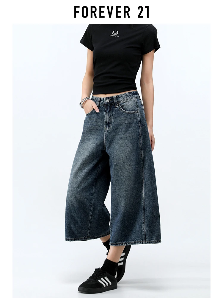 Calça Jeans Feminina Forever 21 Vintage Lavada Solta de Perna Larga, Novo Estilo de Verão, Casual, Cintura Baixa, Algodão, Denim, Efeito Emagrecedor, Reta