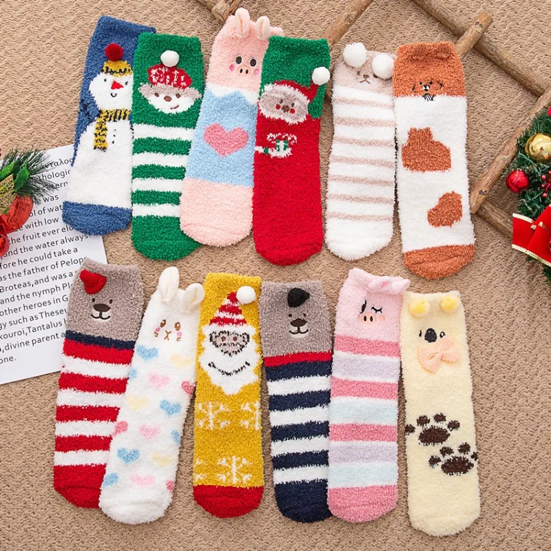 

12 Pairs Autumn and Winter Christmas 3D Cartoon Pattern Coral Velvet Socks Santa Claus Elk Warm and Velvet Sleeping Floor Socks