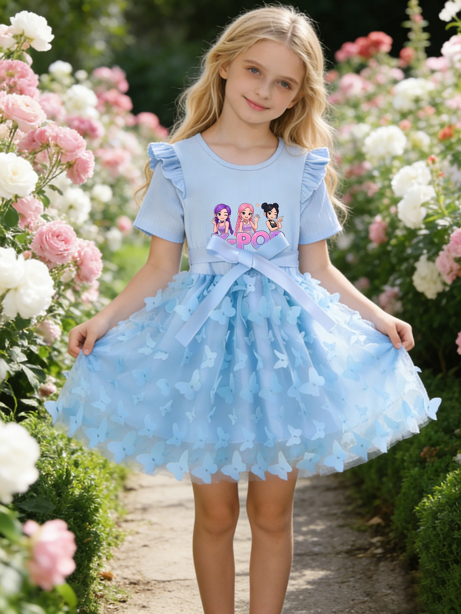 Children's girls' cartoon printed butterfly tulle dress with small flutter sleeves and bow, a children's princess dress