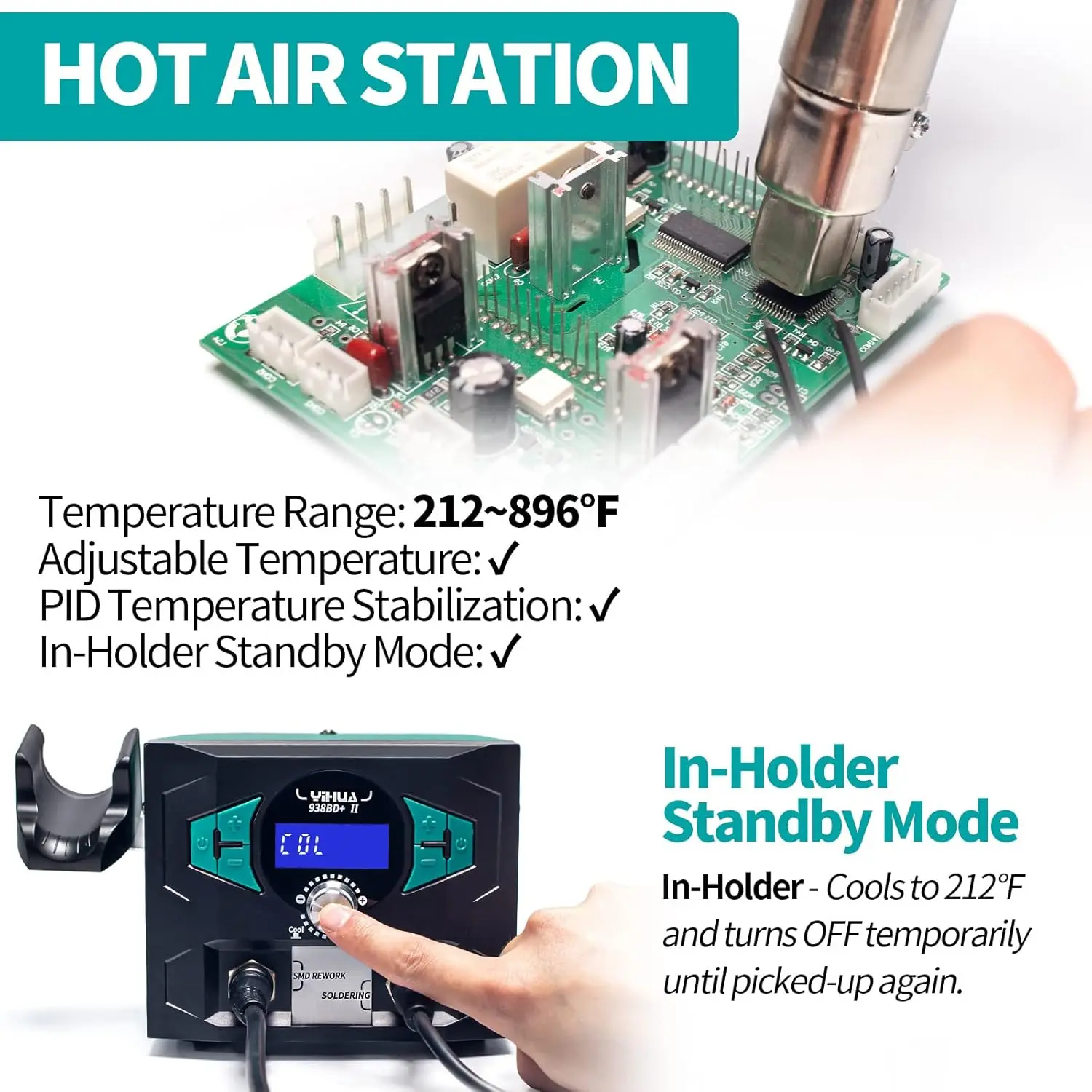 Estação de ferro de solda 938BD+ II com ar quente, modo de suspensão, display de temperatura dupla, 3 pontas, suporte X-2