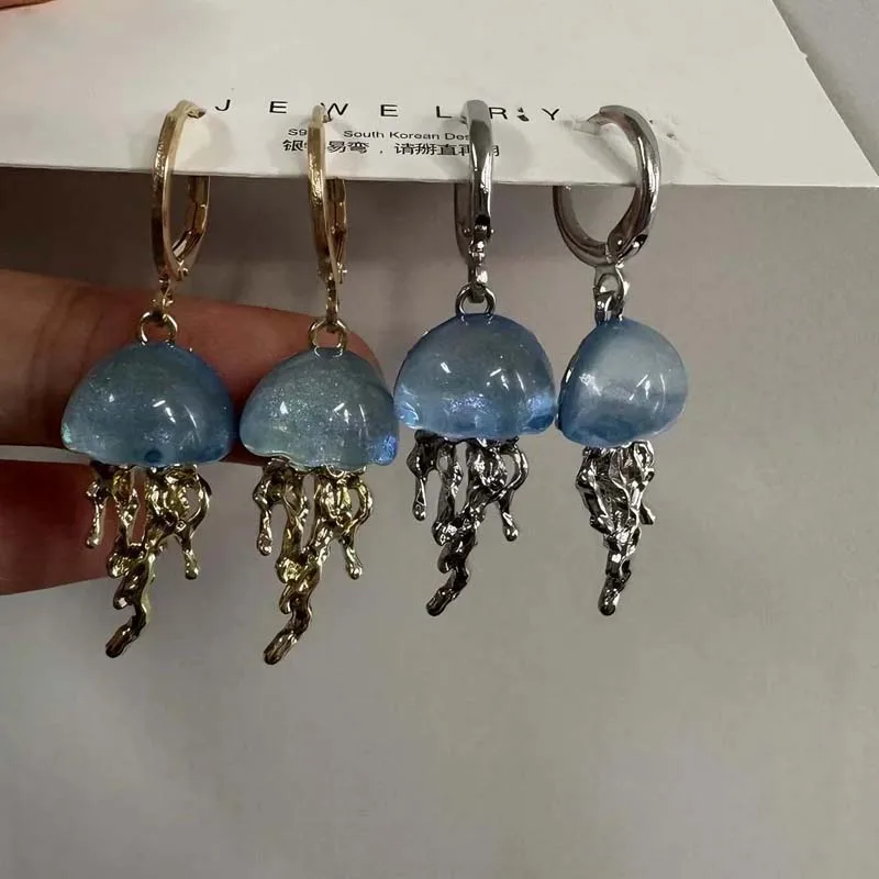 Cute Blue Jellyfish Ocean Pendant Earrings For Women Girls Unique Aesthetic Charm 2000s Harajuku EMO Vintage Jewelry Accessories