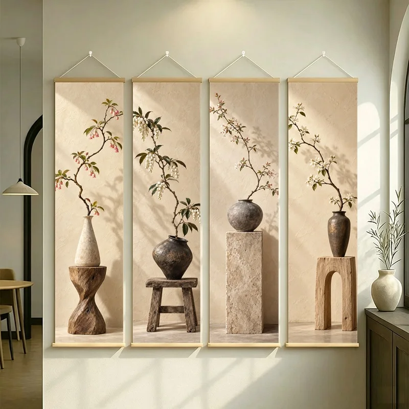 Wall Art Enkianthus Branch and Abelia Blossom, Calm Wabi-Sabi Silver Shimmer Canvas Hanging Scroll for Japandi Living Room