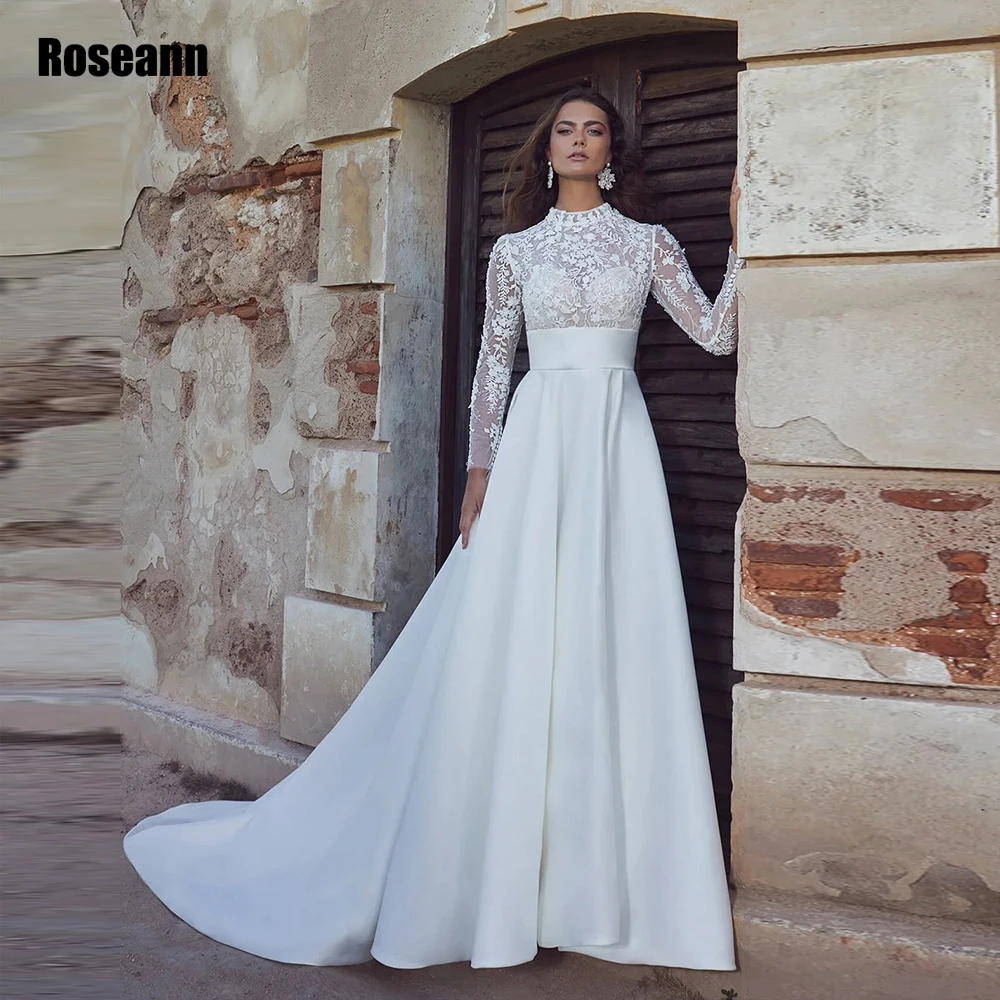 

Vintage White Satin Wedding Dress High Neck Applique Elegant Zipper Back Bride Dresses Sweep Train A Line robe de mariée 2024