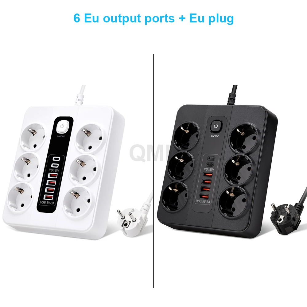 6AC Outlets Eu Socket Board Electrical Power Strip With 4 USB 2 Type C Port Schuko Plug 2M Extension Wire Network Filter Adapter