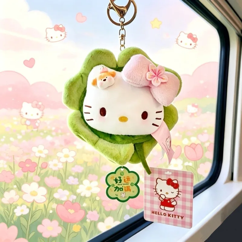 

2026 New Sanrio Kawaii HelloKitty Four Leaf Clover Plush Keychain Japanese Cartoon Bag Pendant Children's Festival Gift