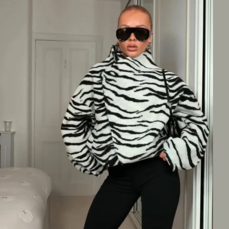 Chic Retro Zebra Print Cropped Jacket Trendy Oblique Placket Stand Collar Loose Fit Coat Lady Daily Street Party Outerwear