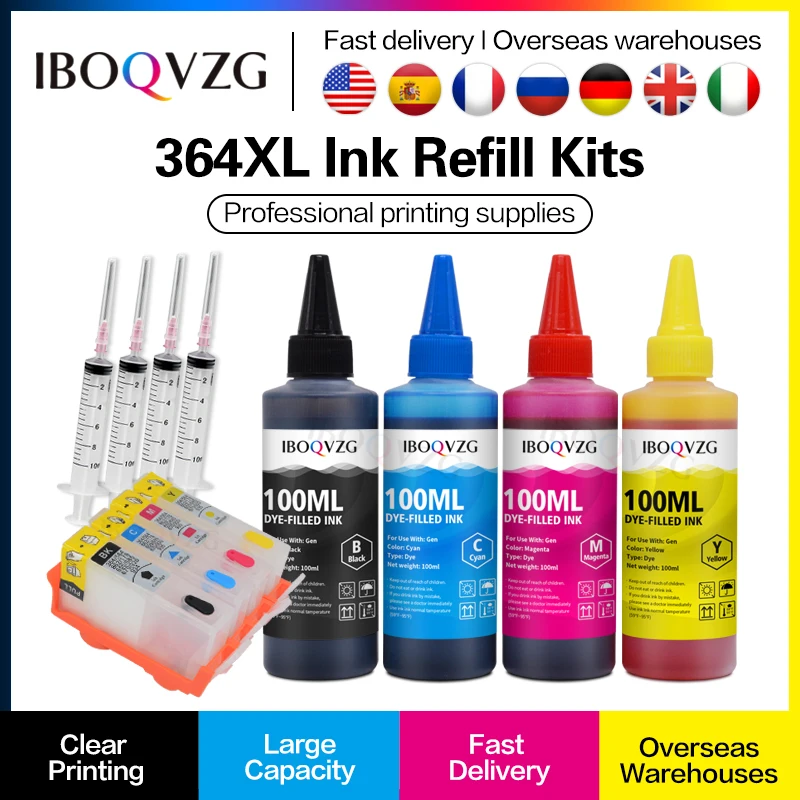 IBOQVZG 400ml Refill Ink + 364XL Ink Cartridge With ARC Chips For HP 364 Photosmart B8550 B8553 B8558 C6380 C6383 C5324 Printer