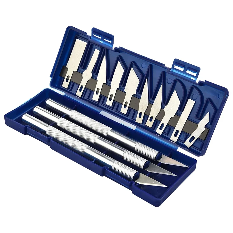 Set di 13 Scalpelli in Metallo con Scatola Blu Portatile, Include 3 Manici e 10 Lame, Strumento per Riparazione Manuale di Telefoni Cellulari
