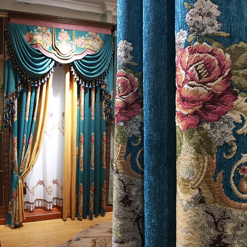 

Custom curtain American living room vintage high-grade Chenille thick blue cloth blackout curtain tulle valance drape C1394