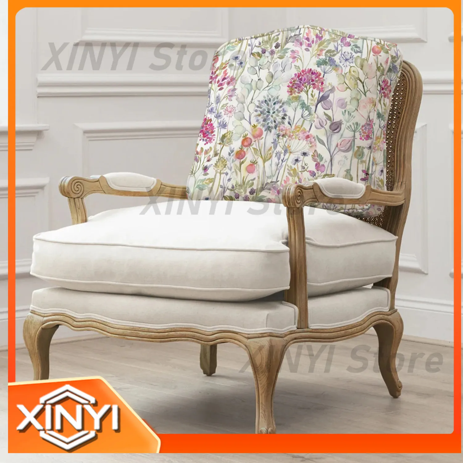 Rattan Sofa Chair for French Country Style Living Room Single Seating for American Retro Balcony Solid Wood Furniture