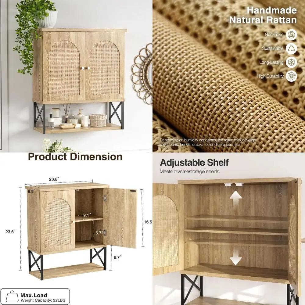 

double-door bohemian style wall cabinet for bathroom with adjustable shelves