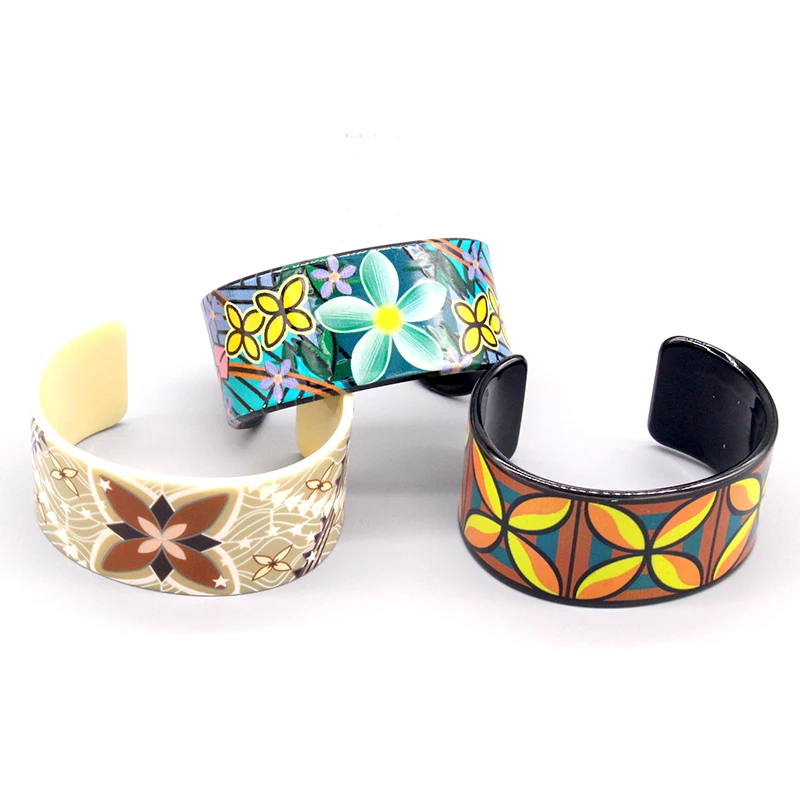 1Pcs Ethnic Color Flower Plant Painted Bangle Cuff Bracelet Women Acrylic New Fashion Retro Open Big Wide Bangle Wedding Jewelry