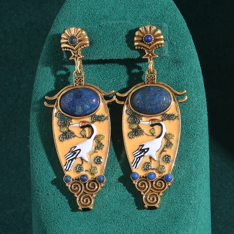 Vintage Crane Vase Relief Drop Earrings Luxury Antique Art Deco Gold Color Jewelry Brand High Quality Gift Anniversary For Women