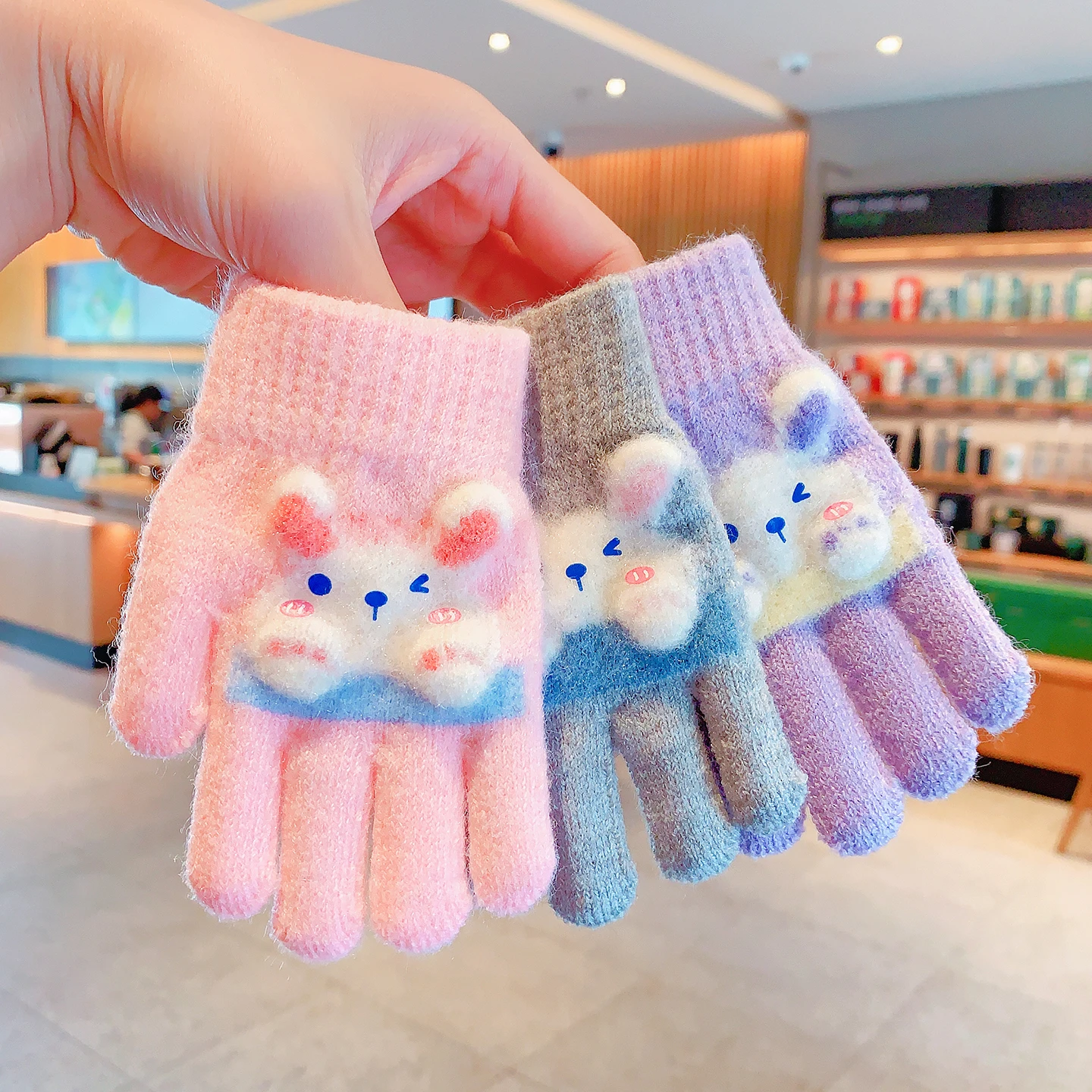 Neue Winter-3D-Cartoon-Hasen-Handschuhe für Mädchen und Jungen, Weiche Gestrickte Elastische Manschette, Warme Winddichte Kleinkinder-Handschuhe, Kinder-Accessoires – Detail 4