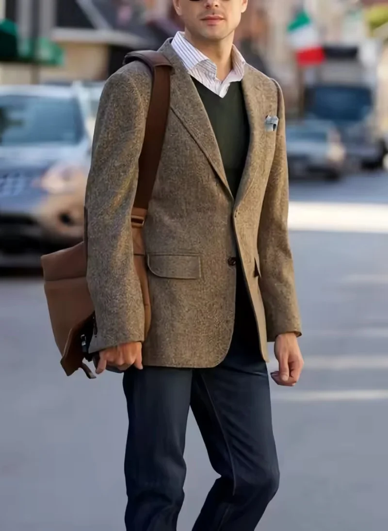 Men's Autumn/Winter Brown Herringbone Tweed Blazer Notch Lapel Two Buttons Business/Wedding Jacket Top for Prom Office Daily