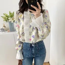 Korean Summer French Romantic High Collar Patchwork Ruffles Flower Color Printing Pagoda Sleeve Dream Shirt Fashion Casual Tops