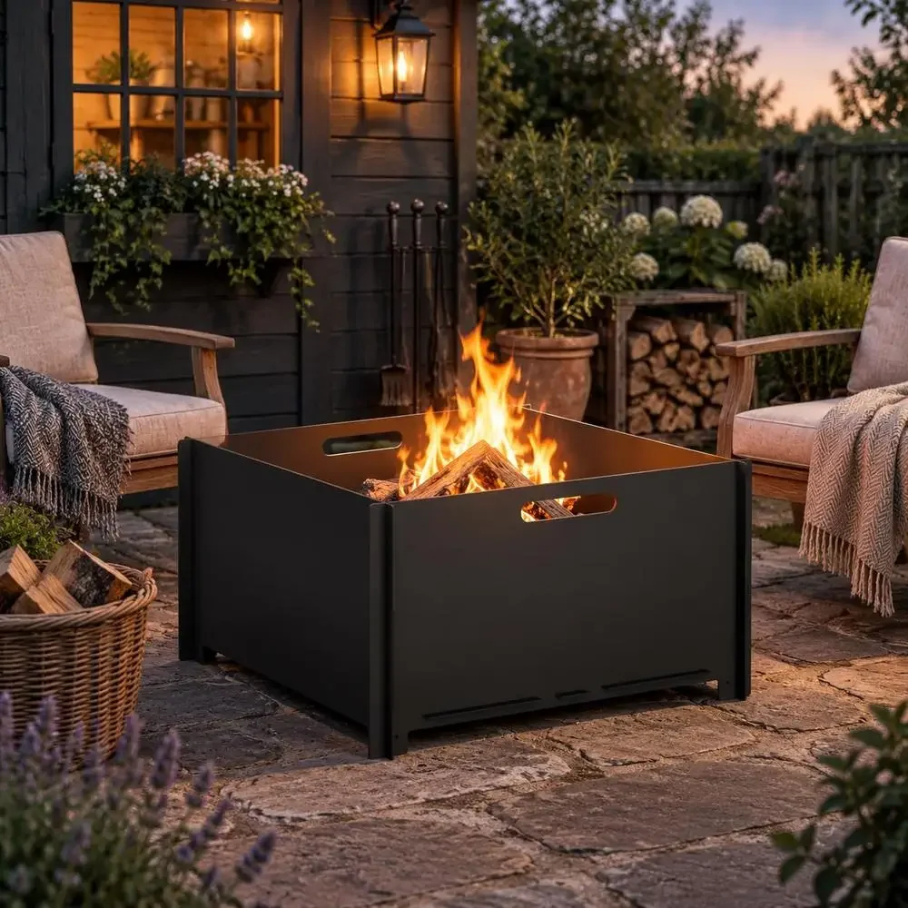 Brasero de acero para exteriores de 60 x 60 x 30 cm / estufa de leña. Gracias a su robusta estructura metálica y su diseño de ventilación eficiente, es ideal para reuniones en patios, terrazas y jardines.