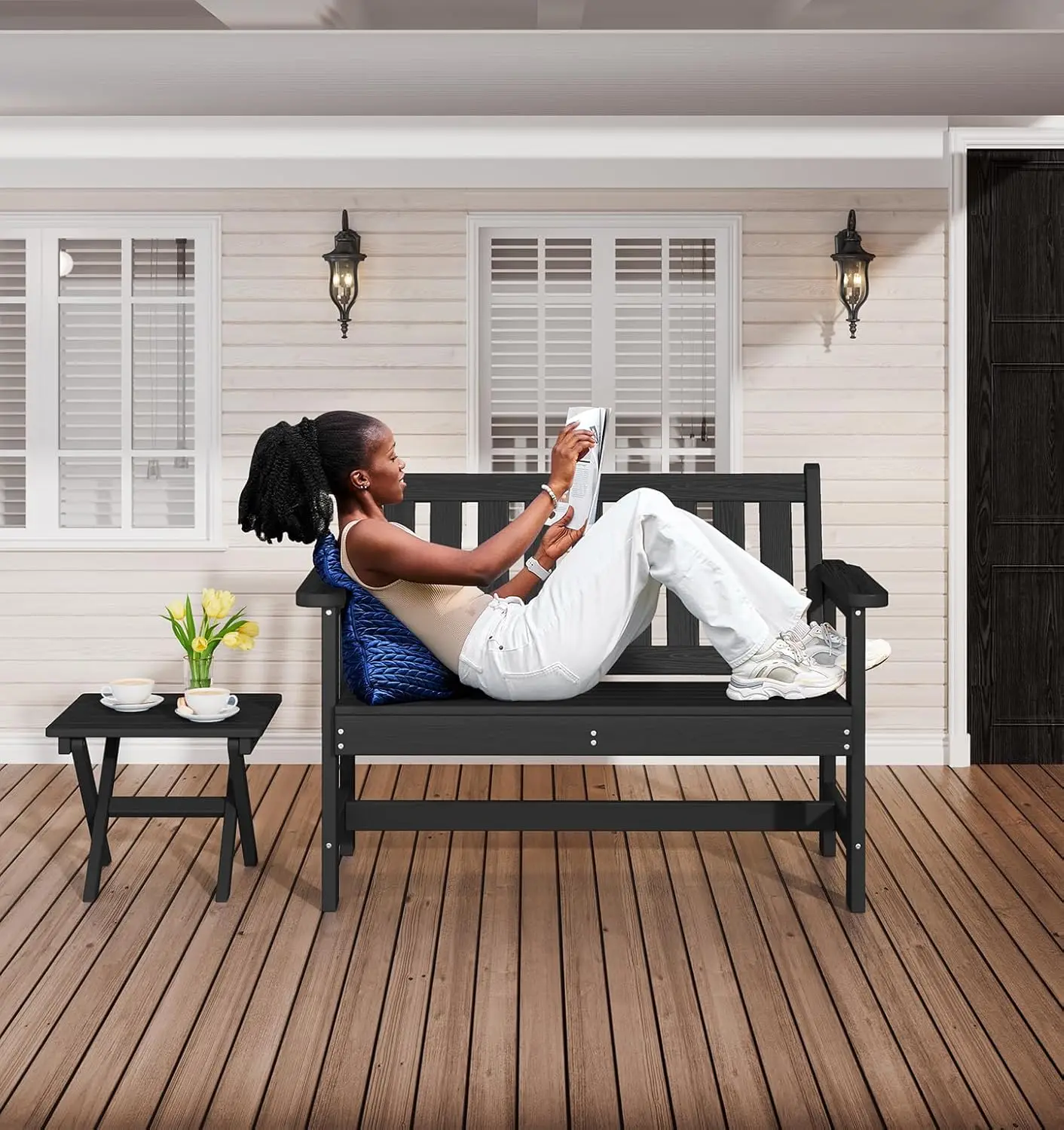 Outdoor Garden, Porch, Backyard & Park Bench - HDPE, Black, 660 lbs Weight Capacity, Weatherproof