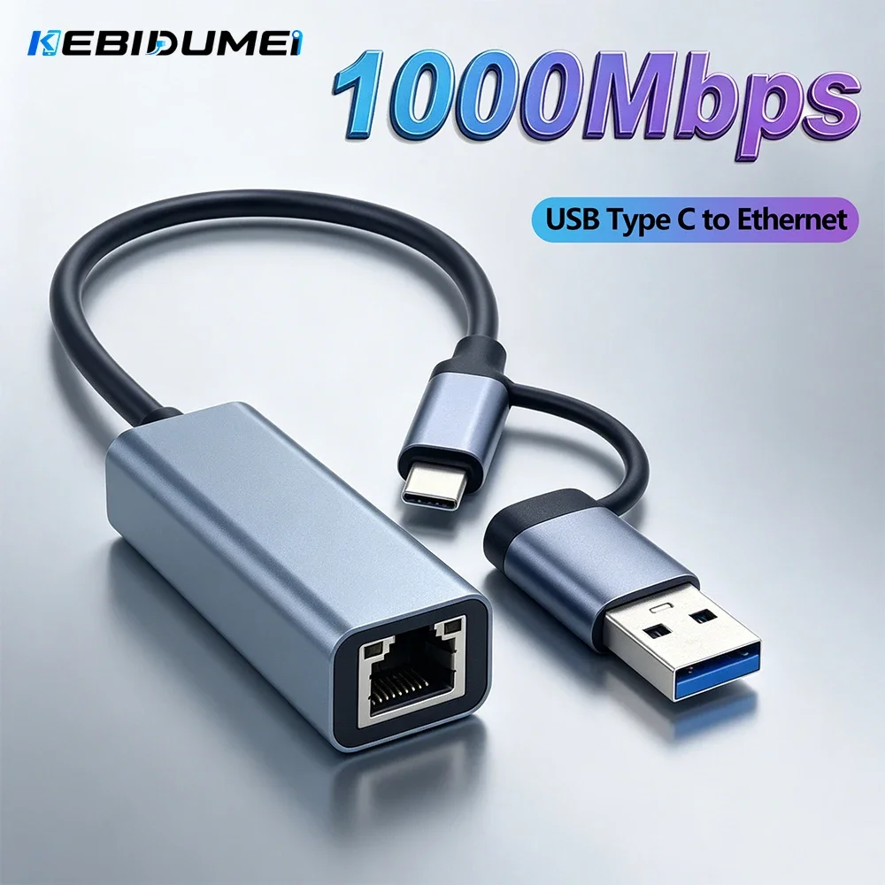 Kebidumei 1000Mbps Network Card USB 3.0 Type C Ethernet Adapter USB Lan RJ45 Gigabit Cable For MacBook Windows XP 7 8 10 Android