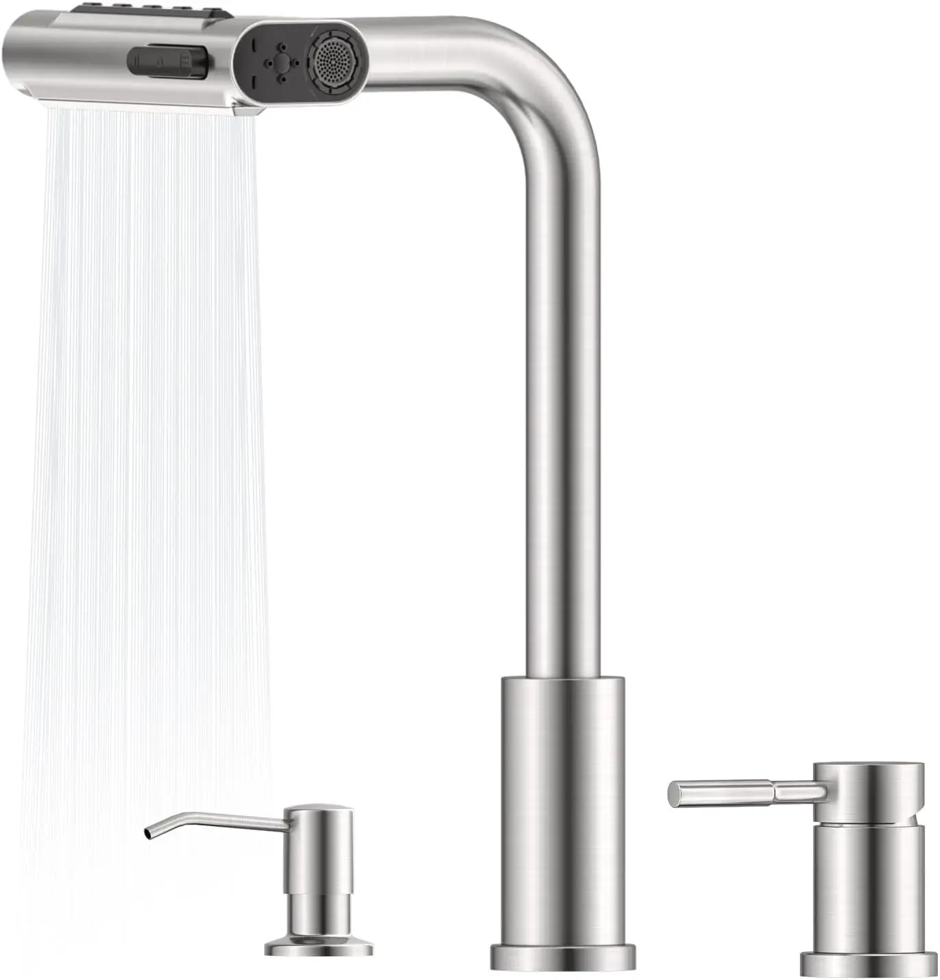 

Waterfall 3 Hole Kitchen Sink Faucet with Separate Handle and Soap Dispenser, Brushed Nickel AJO Bend Stainless Steel Pull Down