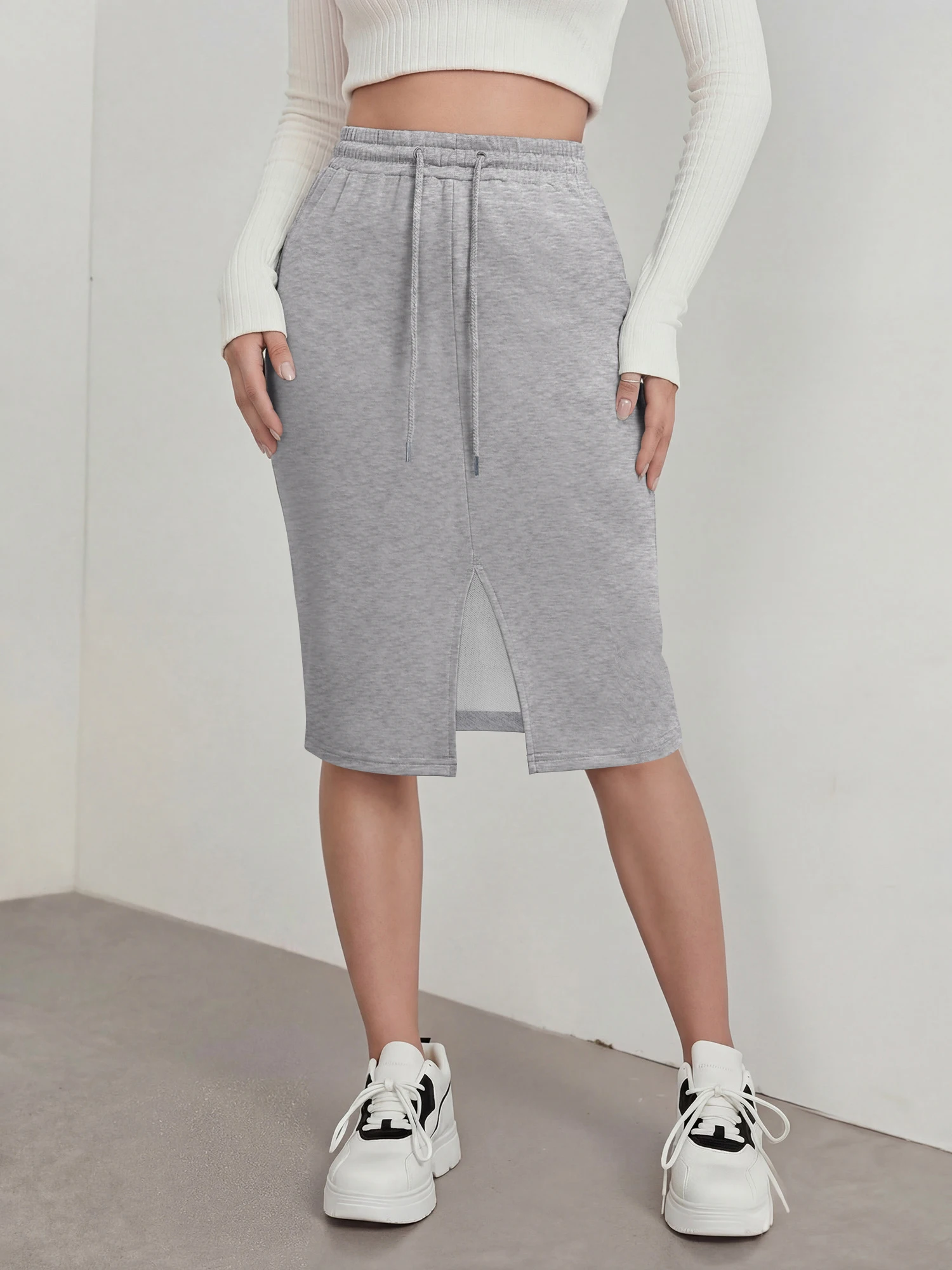 

Women's Lazy Style Drawstring Midi Skirt, Split Hem Sweatshirt Skirt, Soft Casual Streetwear
