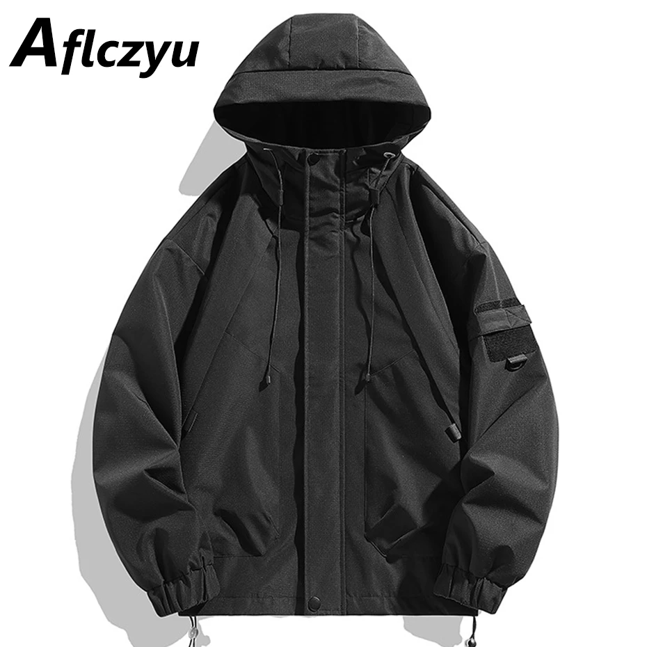 

Black Windbreak Jacket Men Fashion Casual Cargo Jacket Coat Male Spring Autumn Hooded Outerwear Solid Color Camping Jackets