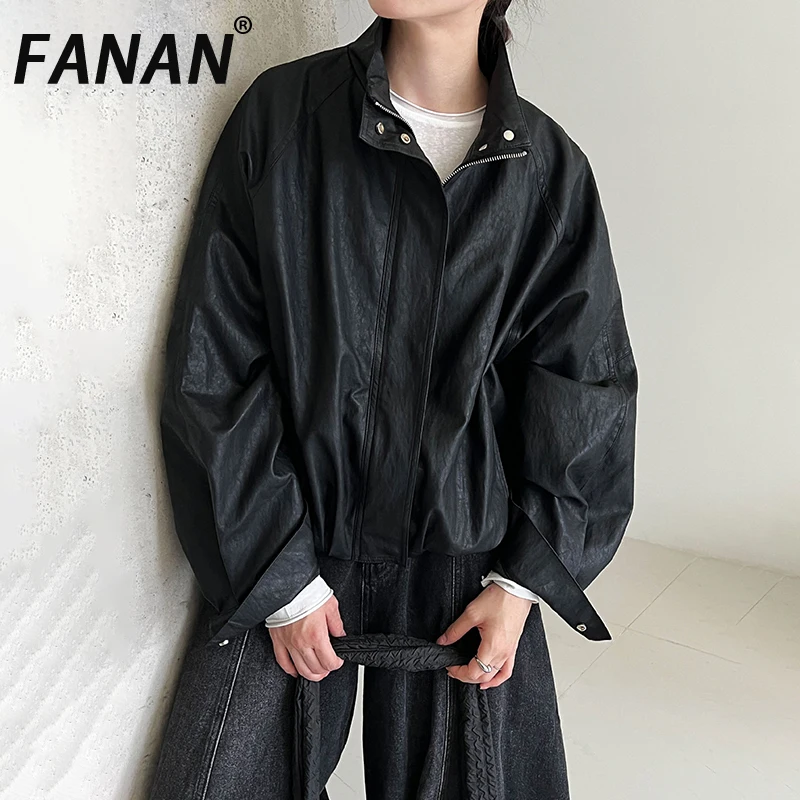 

FANAN винтажные кожаные куртки для женщин, однобортная уличная одежда с воротником-стойкой, свободные пальто, женская одежда, новинка осени 2023 года