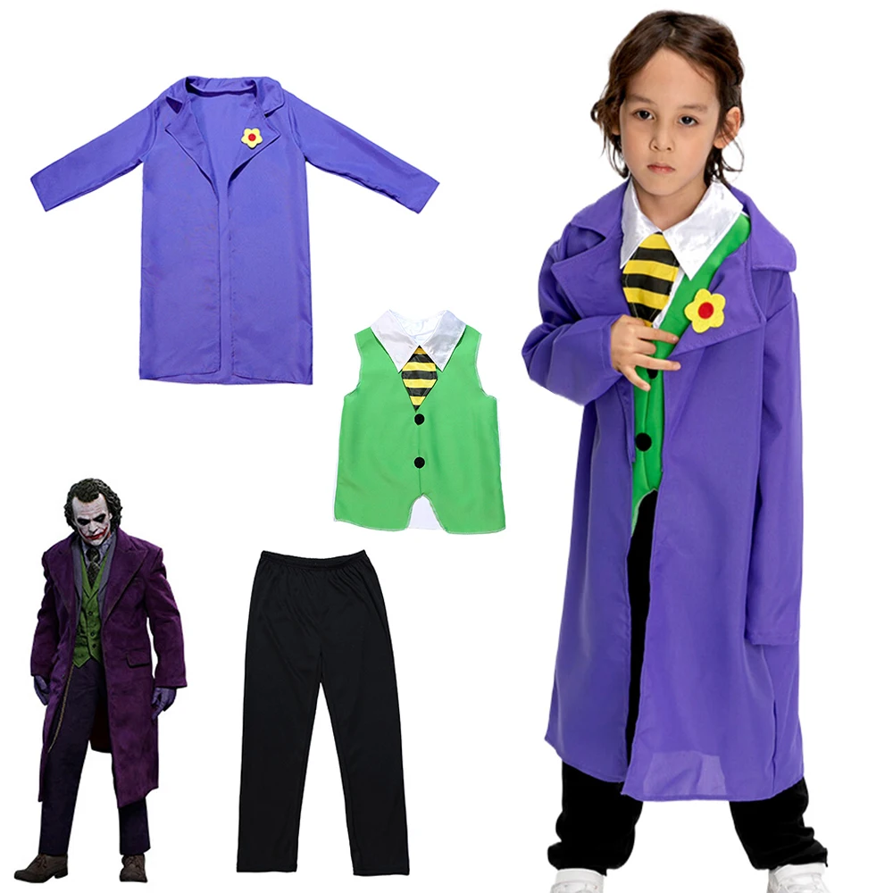 Joker Cosplay Costume For Kids Movie Character Heath Ledger R.I.P Dark Knight Purple Coat Fans Collection Party Clothes