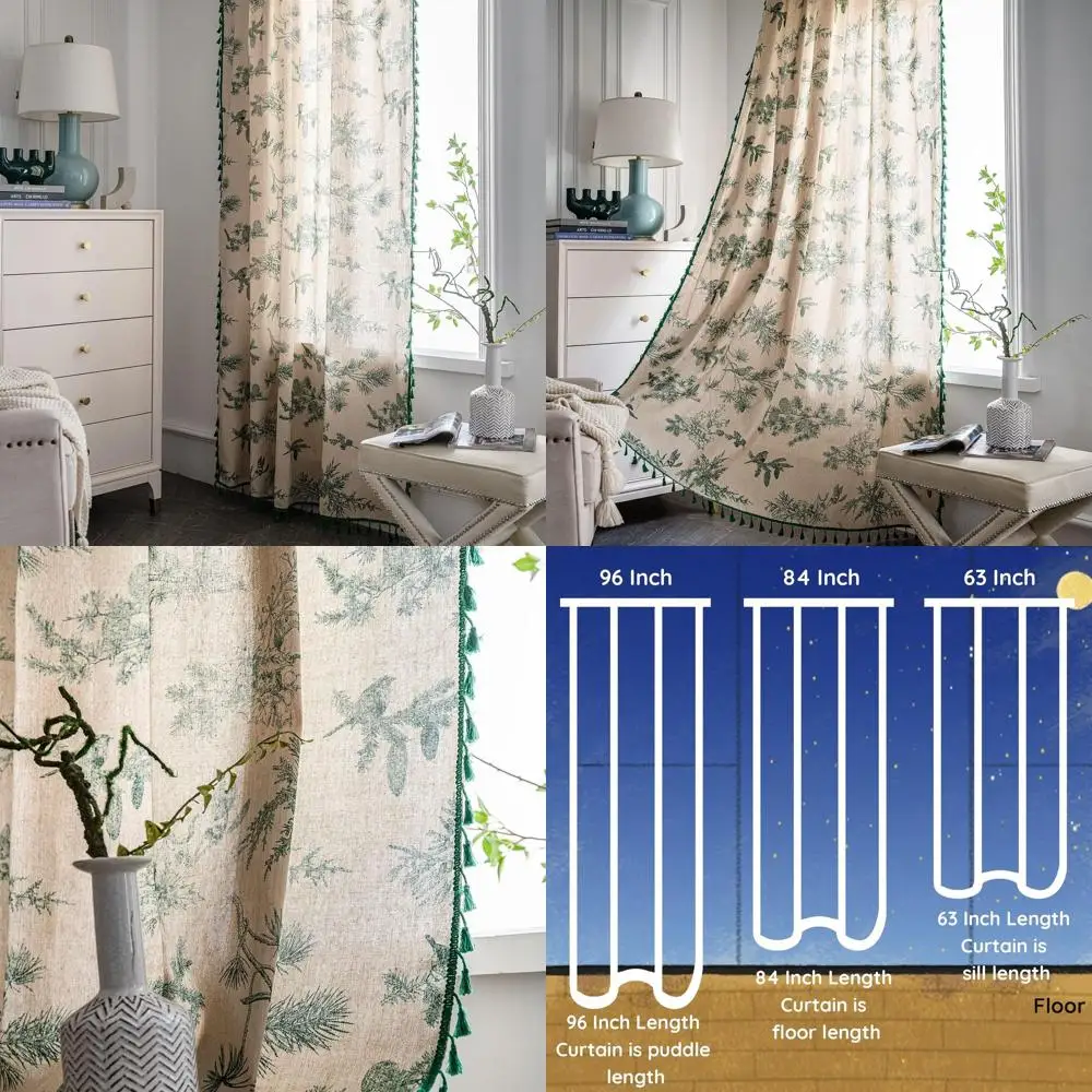 

Cotton Linen Boho Tassel Curtains, Green Semi-Blackout 84 Farmhouse Floral Panels for Living Room/Bedroom, 2-Piece