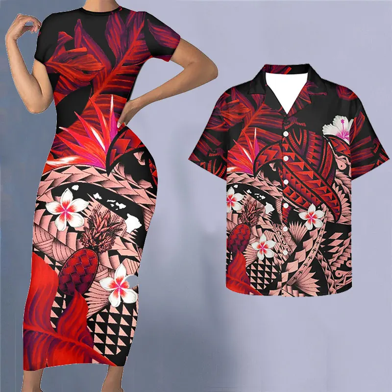 Noisydesigns Frauen Sexy Bodycon Kleid Mit Männer Hemd Polynesian Plumeria Floral 2022 Strand Paar Maxi Kleidung 4XL Dropship