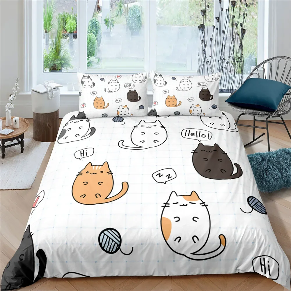 

Home Textile Cartoons Cute Cat Quilt Cover Duvet Cover Pillow Case Boy Girl 2/3Pcs Polyester Bedding Set King Queen Twin Size