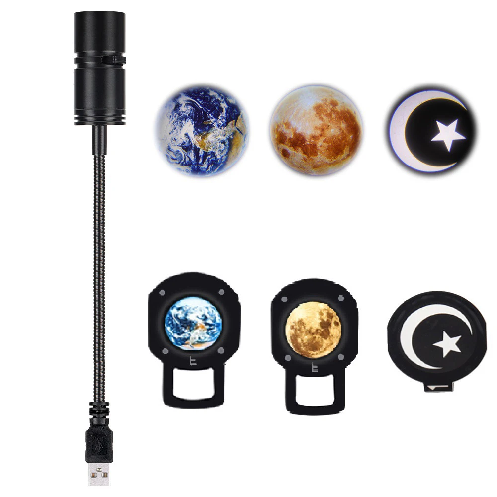 Moon Lamp Earth Planet Projector Lamp 360° Rotatable Bracket USB Moon Led Night Light Planet Projection Lamp Room Decor