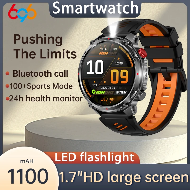 

Умные часы для мужчин, водонепроницаемые, для активного отдыха, 100+ видов спорта, фитнес, звонки по BT, компас, LED-фонарик, аккумулятор 1100 мАч, умные часы для здоровья