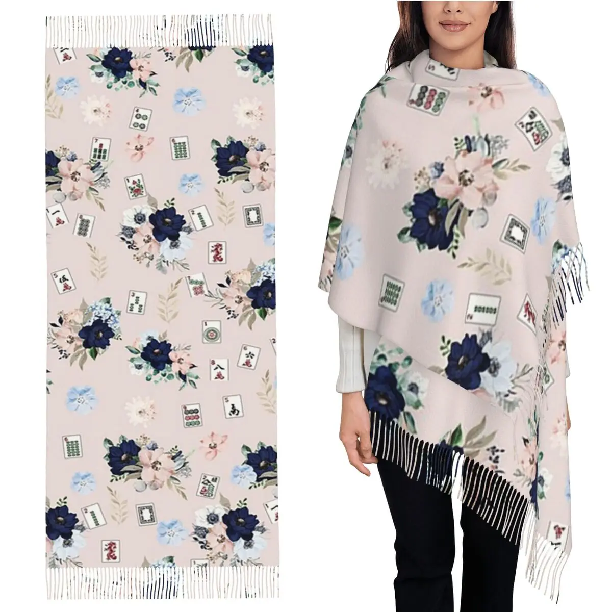 

Pink Floral Mah Jongg Pattern Scarf Tassel Scarves for Women Soft Warm Shawls and Wraps Long Fall Winter Shawl Wrap