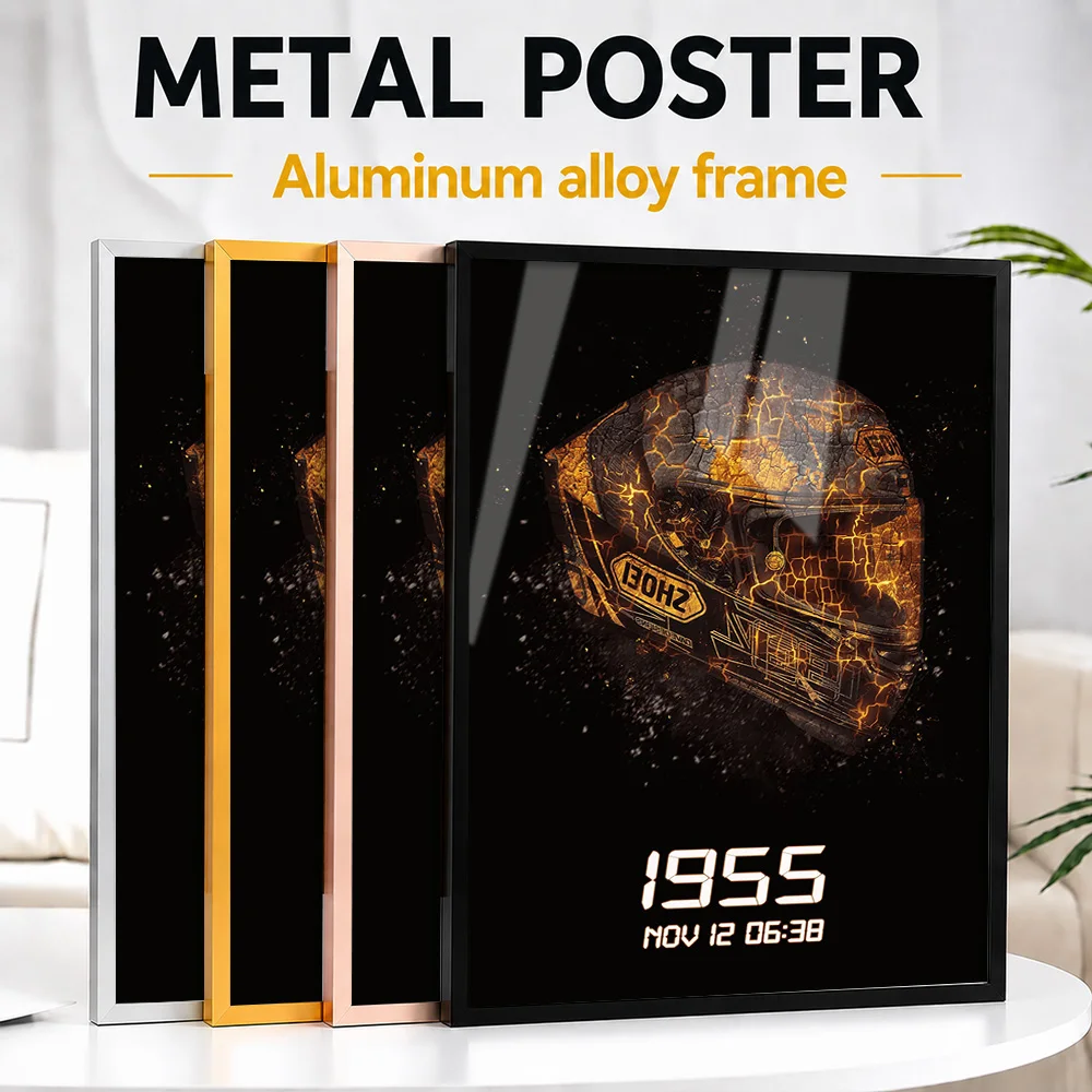 Racing Helmet Gold Particle Effect Framed Aluminum Metal Poster Personalized Grunge Wall Art For Garage And Motorsport Lounge