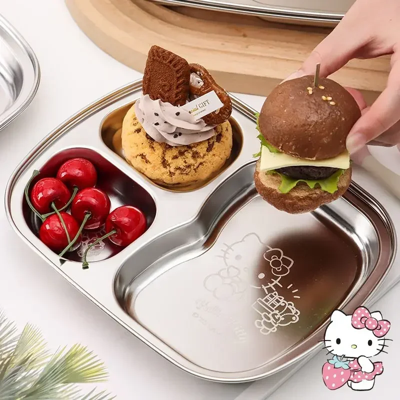 

Sanrio Hello Kitty Anime Kawaii Stainless Steel Divided Plate Kulomi Cute Cinnamoroll Children Food Tableware Gifts for Girls