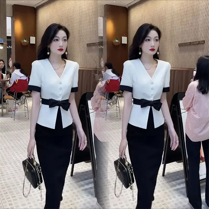 Suits Sexy Skirt Office Female Outfits Midi Women\'s Two Piece Set Slit Short Sleeve Maxi Long Stylish Clothing Trend 2024 Luxury