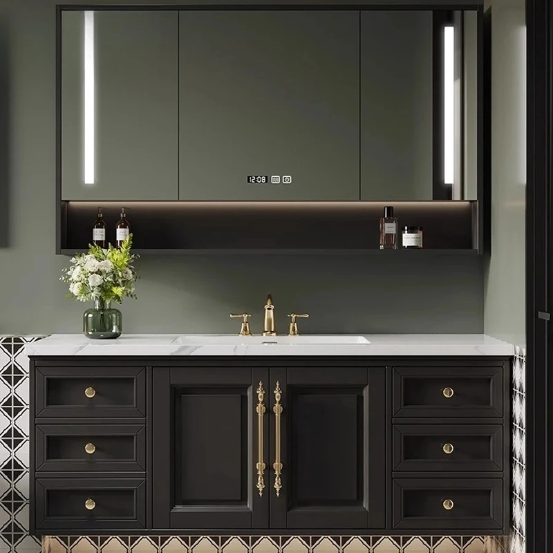 

Light retro solid wood rock slab ceramic basin bathroom cabinet toilet washbasin mirror cabinet combination