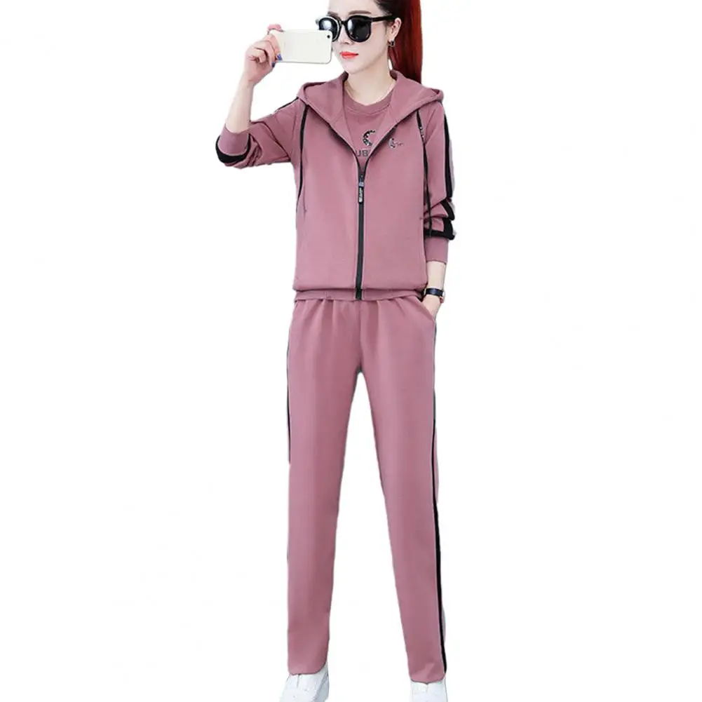 3 Pcs/Set Women Coat Top Pants Set Color Matching Soft Thick Hooded Long Sleeves Zipper Elastic Cuff Lady Spring Winter Sports S