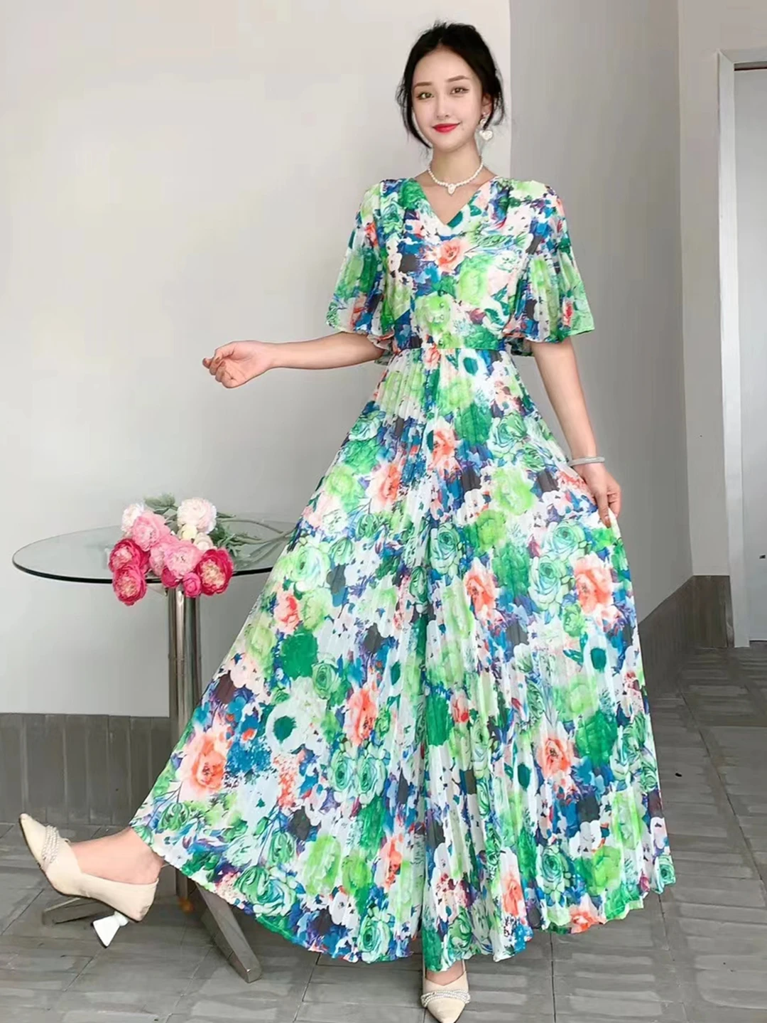 2024 New Summer Women V-Neck Speaker Sleeve Slim Jumpsuit Sweet Gorgeous Floral Pleated Wide Leg Long Pants Jumpsuits 5 Colors