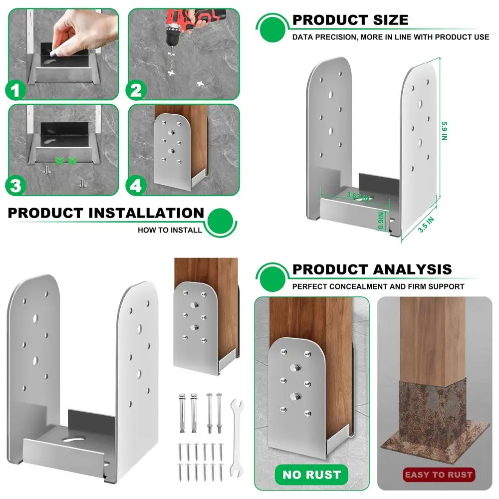 

Регулируемый кронштейн стойки 4x4 из нержавеющей стали для бетонных или деревянных палуб, внутренний 3,5x3,5 (с винтами и гайками)