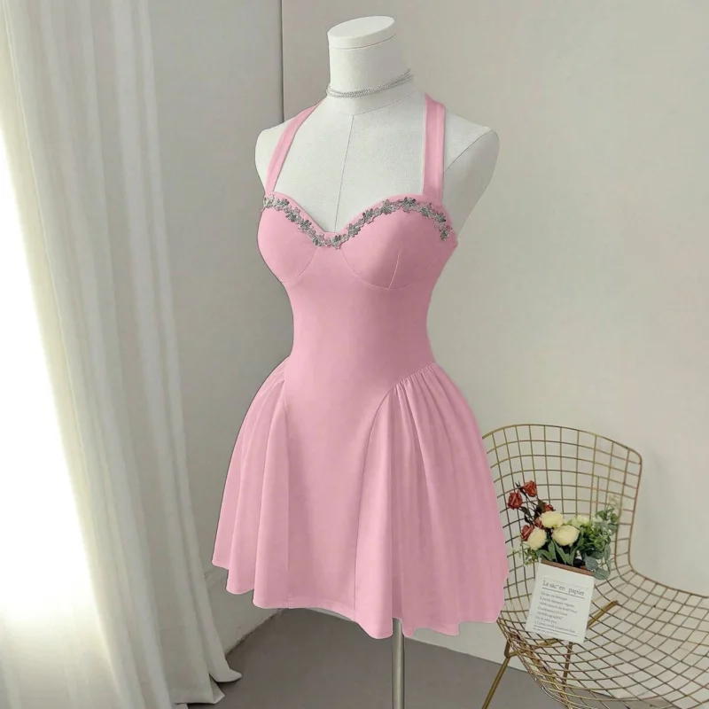 Mini vestido de tirantes de punto rosa dulce de verano para mujer, sin mangas, cuello en forma de corazón, cintura plisada, vestido elegante de moda