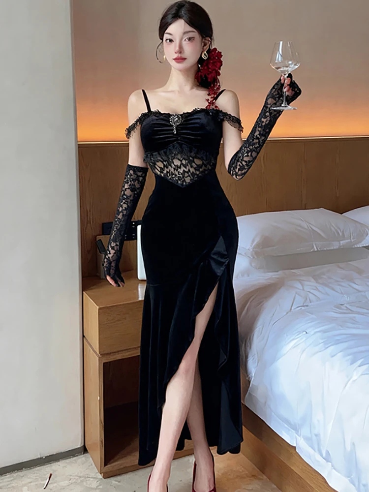 Feminino vermelho veludo retalhos renda preta oco para fora vestido sexy outono inverno elegante vestido de luxo 2025 coreano vintage bodycon vestido