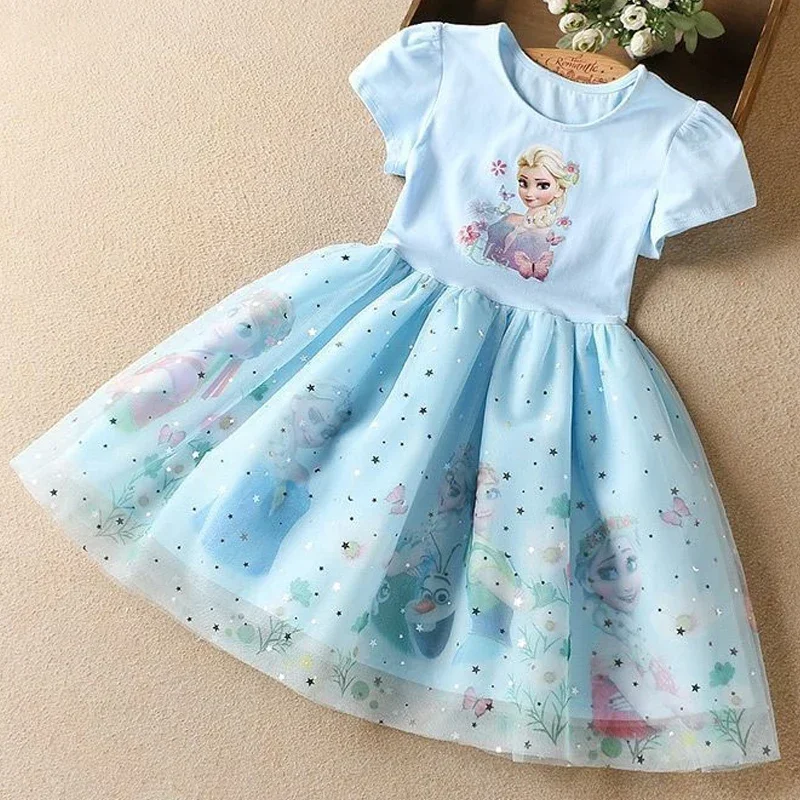 

Girls Dress Cartoon 2024 Summer Frozen Fashion Children's Elsa Princess Baby Girl Toddler Short Sleeve Cute Party Dresses 3-9Y